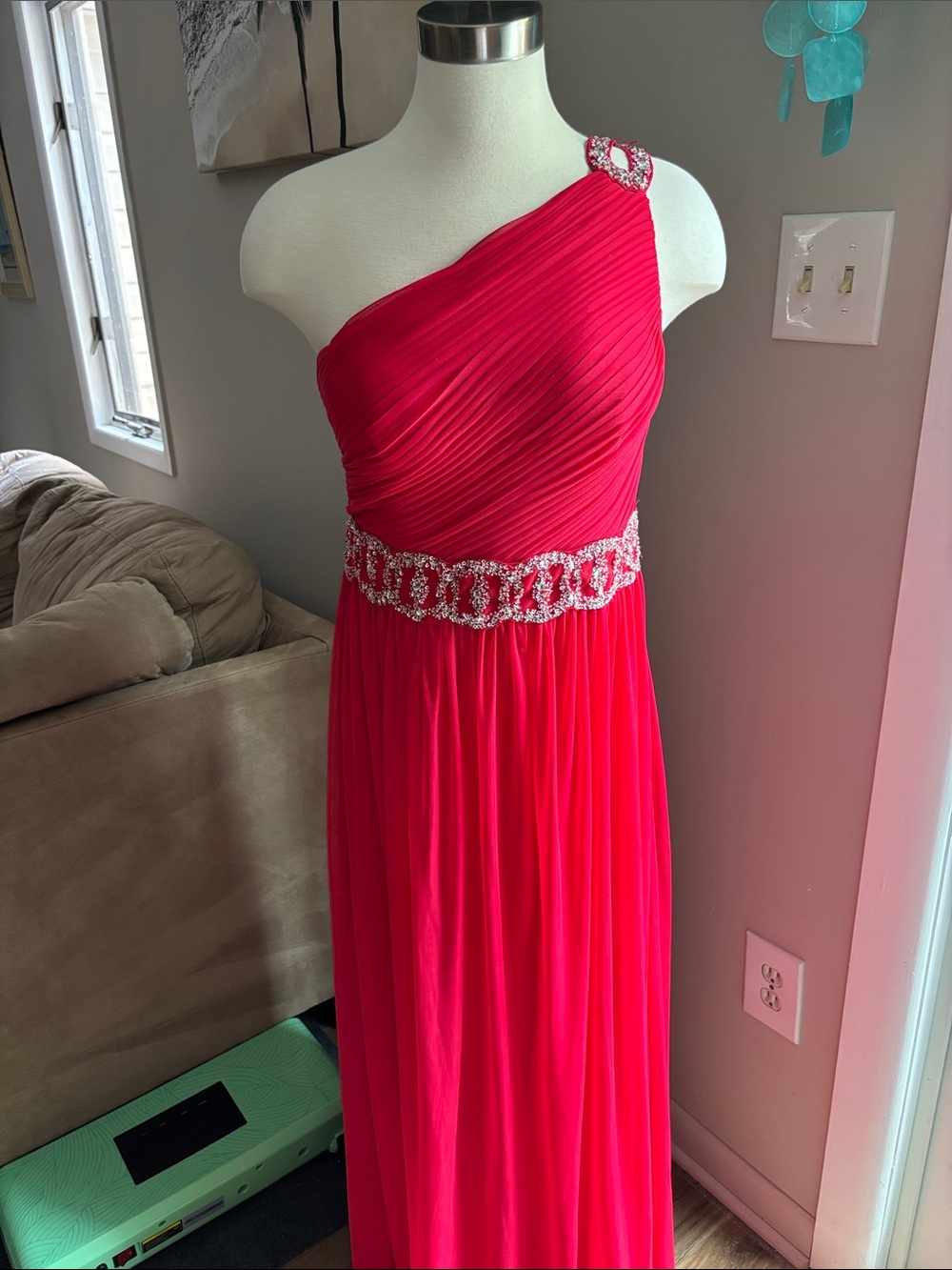 Stacy Sklar One-Shoulder Scarlet Evening Gown with Beaded Waist